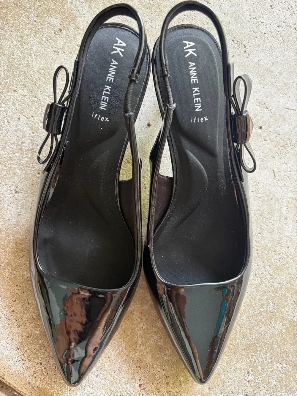 Anne Klein Black Patent Pointed Slingback Flats with Bow Accent